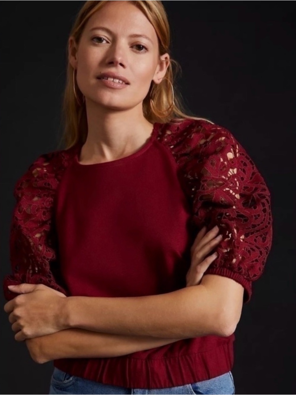 Anthropologie Dolan Lace Puff Sleeve Top in Deep Burgundy